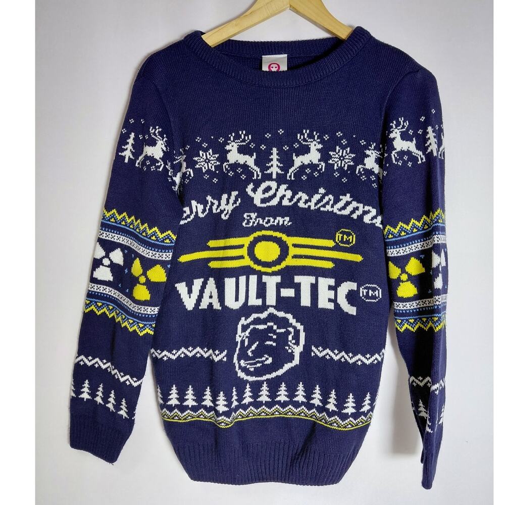 Numskull Fallout 4 Vault-Tec Christmas Sweater Blue Graphic Print Knit Size XS